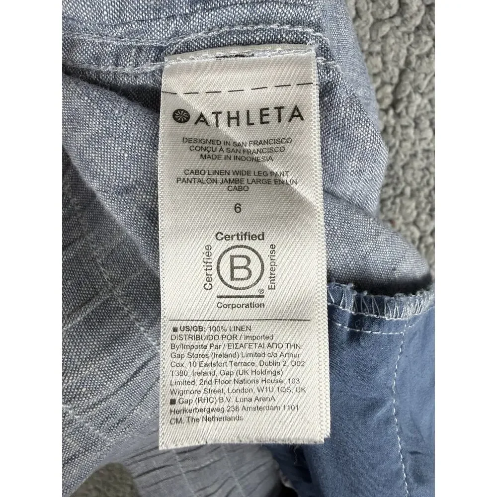 Athleta Cabo Linen Wide Leg Pant Blue Drawstring Zipper Pocket Size 6